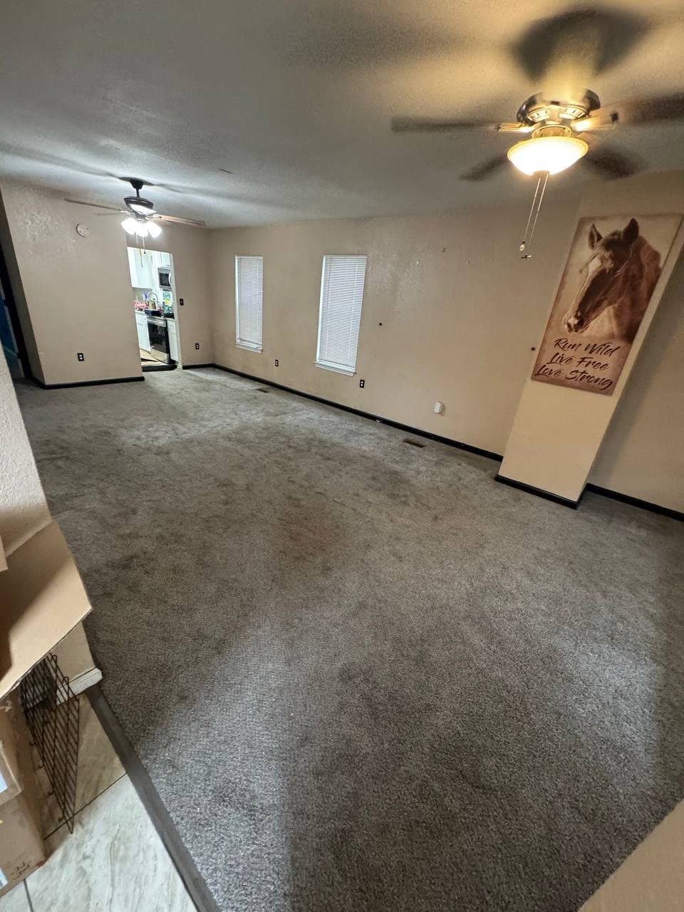 Before and after carpet cleaning in an open-plan living room before