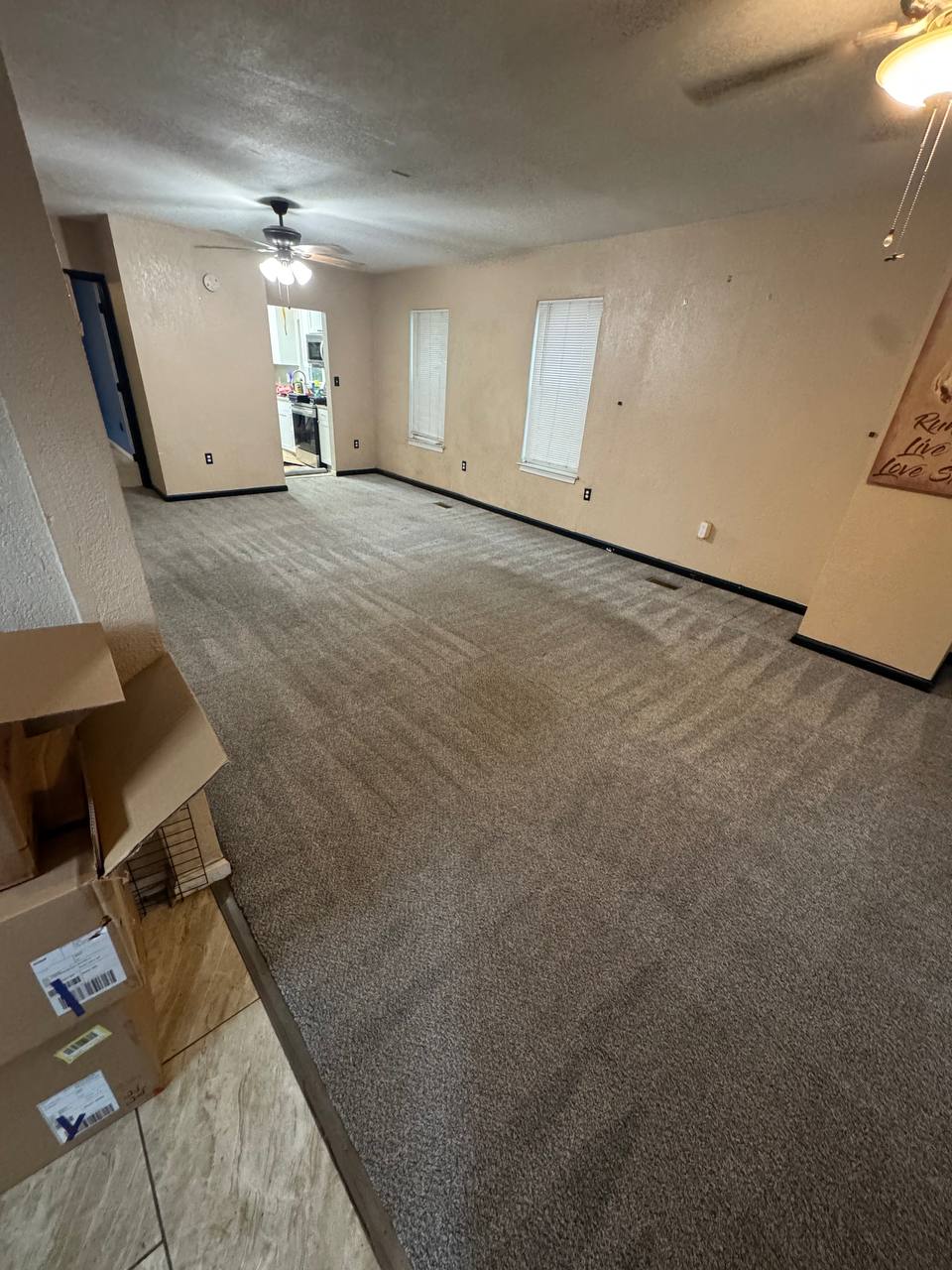Before and after carpet cleaning in an open-plan living room after